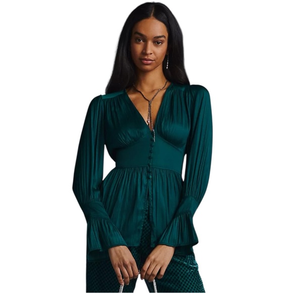 Anthropologie Tops - Anthropologie Deep-V Tunic Romantic Blouse Bell Sleeve Emerald Green Satin Sz S